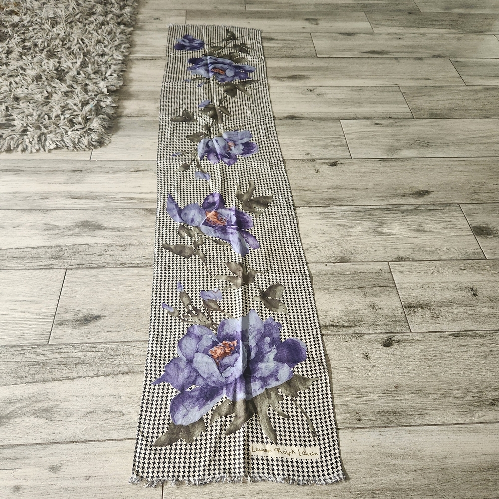 Vintage Ralph Lauren Silk Houndstooth & Floral Long Scarf Purple Flowers 12x52 - Picture 11 of 13